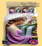 Bedding set with a woman in a purple sweater and waterfall design
