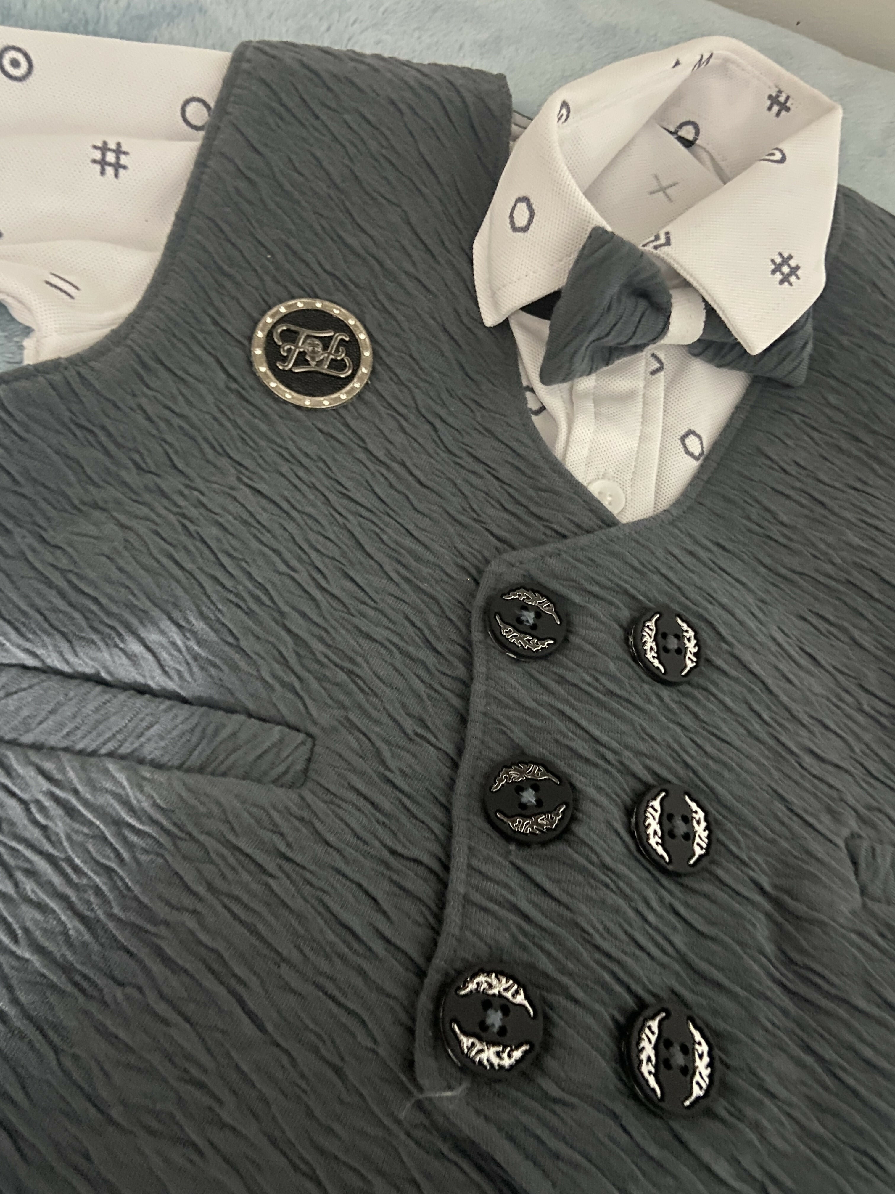 Gray textured vest with decorative buttons - Baby party wear dress