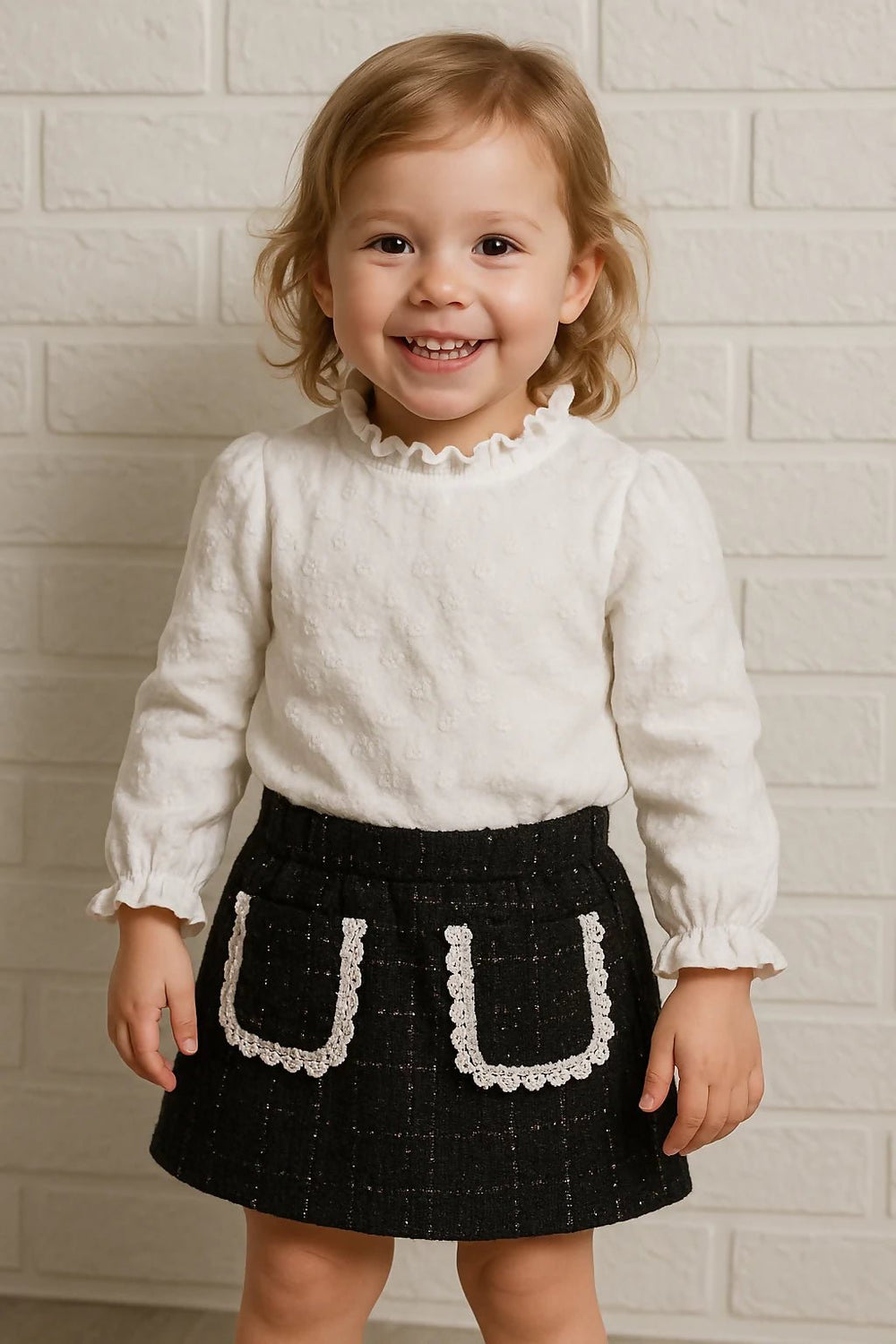 Child wearing a white blouse and black skirt with lace details 