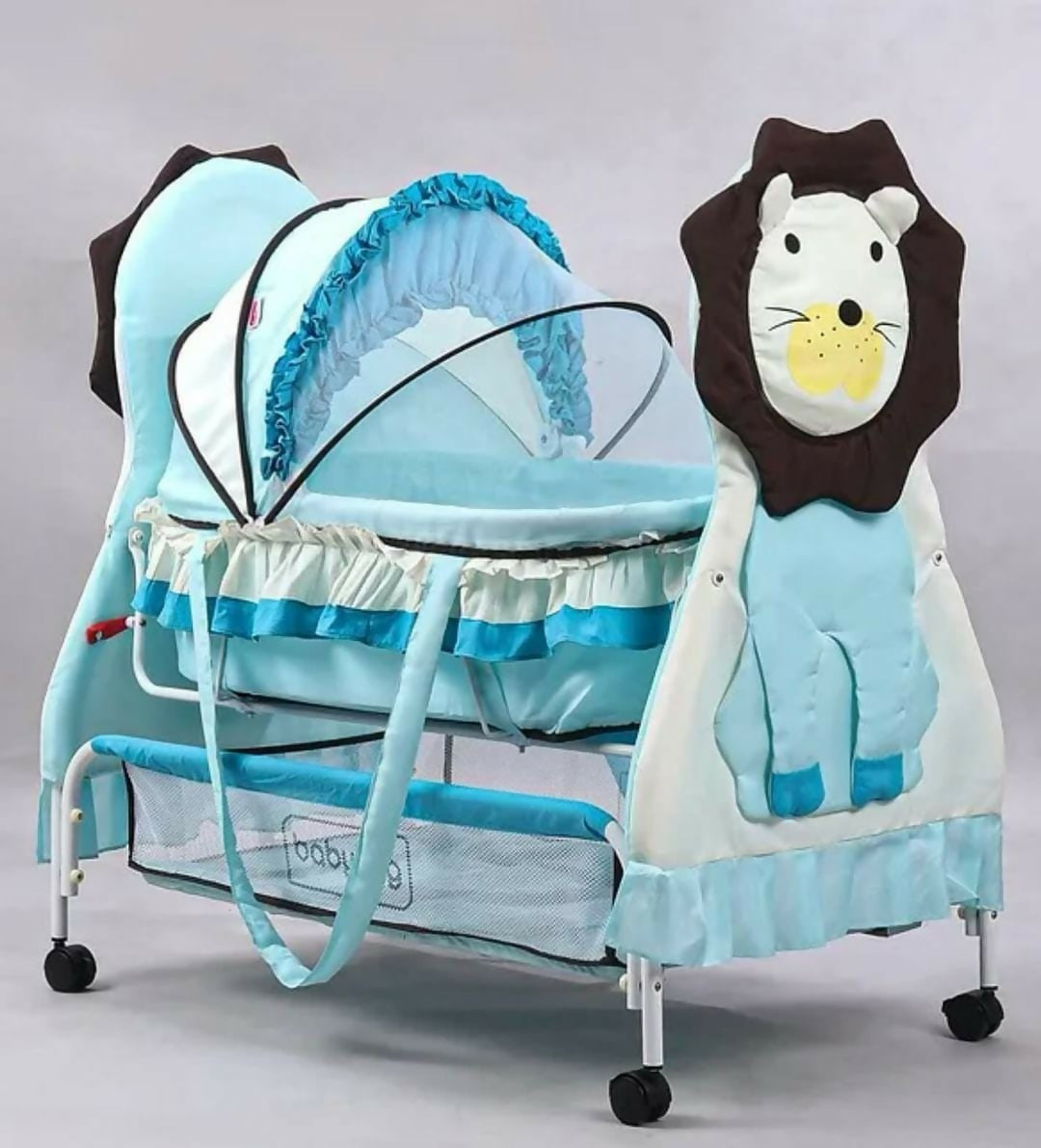 Ensure your baby's comfort and safety with the BABYHUG Lion Print 2 In 1 Cradle Cum Bassinet – featuring a mosquito net and cradle swing lock for added protection. Stylish and functional, perfect for any nursery.