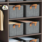 Gray storage bins with brown handles on a wooden shelf, featuring the TULSI brand logo.