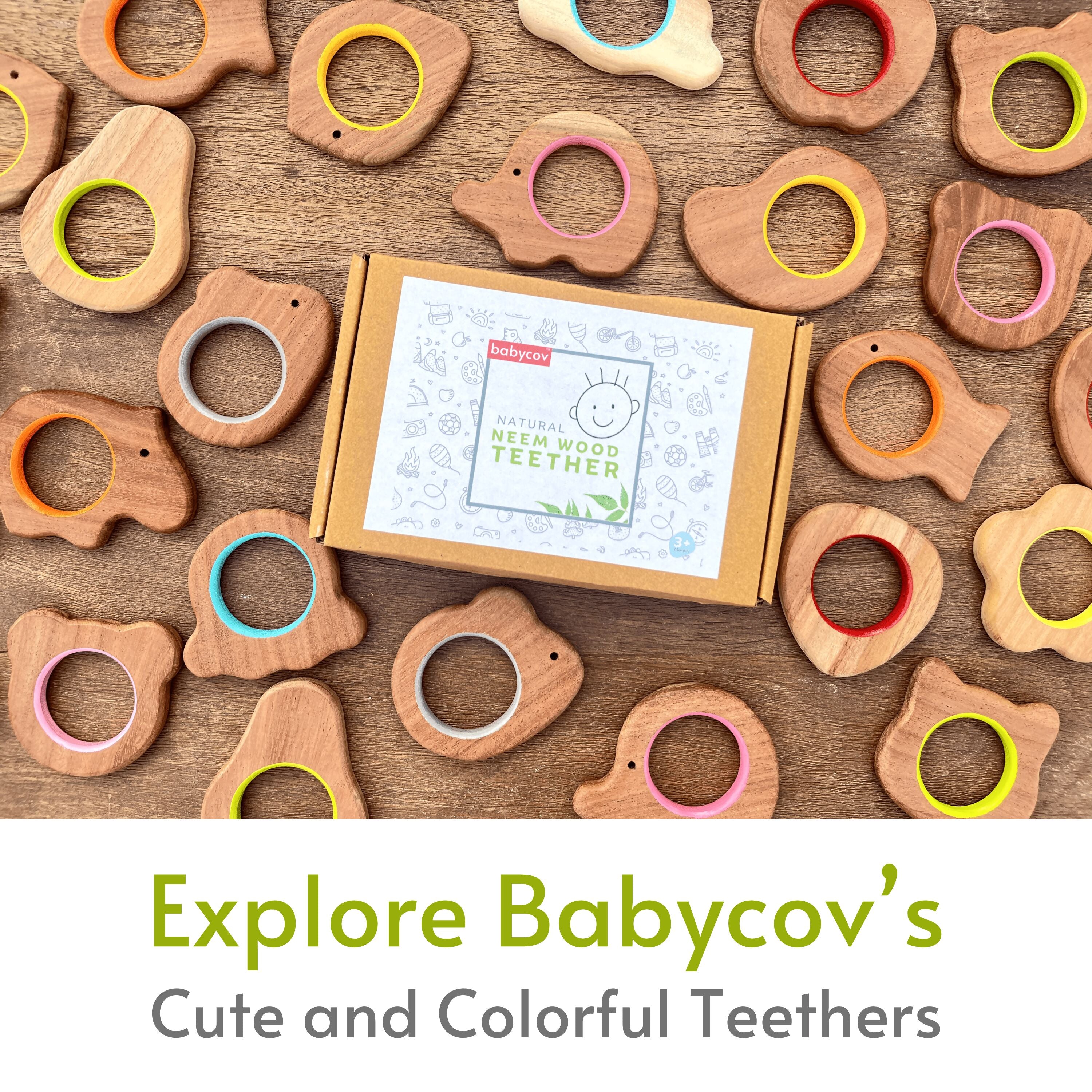 Explore shapes and soothe gums with Babycov's Cute Neem Wood Teethers - natural comfort for safe and playful chewing!