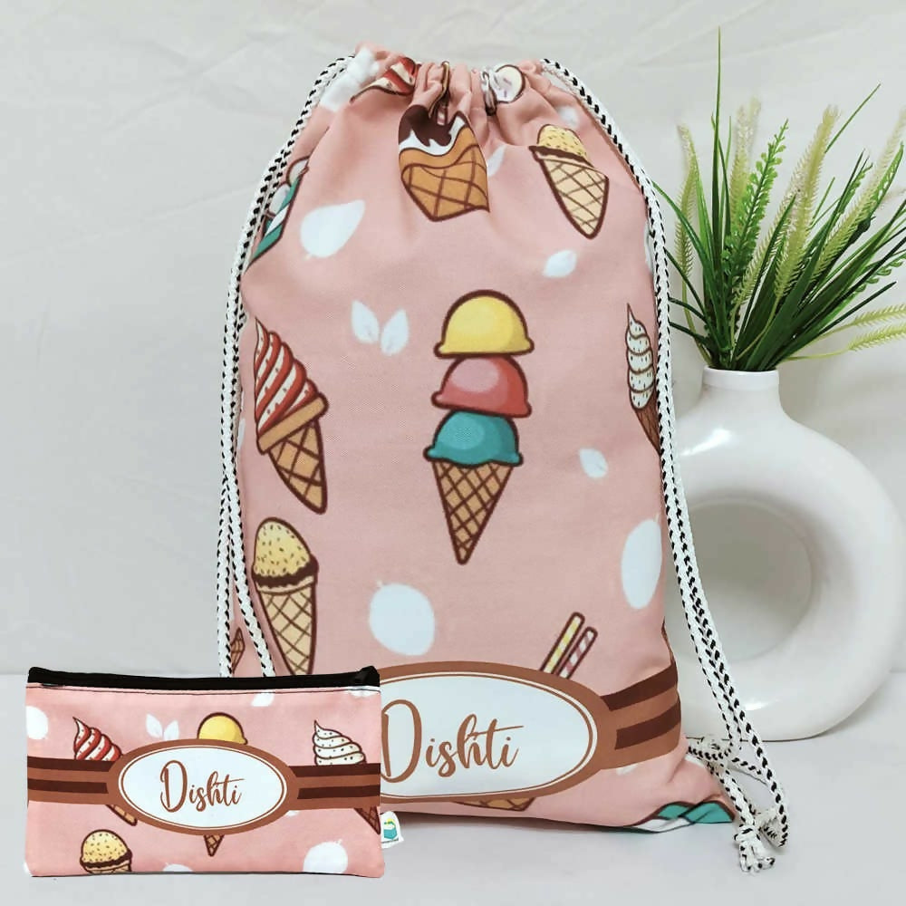 Drawstring bag with ice cream cone pattern and pouch on a light background