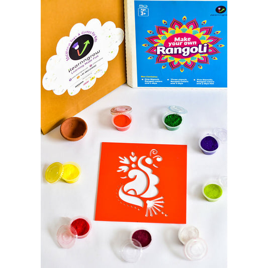 Elevate your festive celebrations with our DIY Rangoli Kit, a delightful set designed to add a touch of artistry and tradition to your home. This kit includes everything you need to create a beautiful rangoli, including a traditional stencil, six vibrant rangoli colors, and a charming diya.