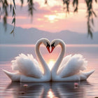 Two swans forming a heart shape on a lake with a sunset bedsheet.