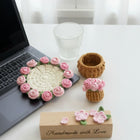 Crochet Rose Flower Coaster with Tiny Basket Set of 6