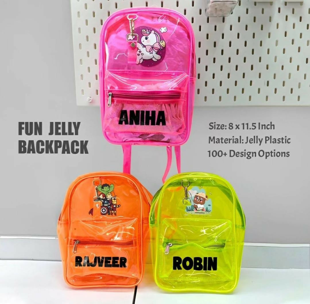 Three colorful jelly backpacks with names printed on them against a white background.