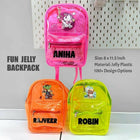 Three colorful jelly backpacks with names printed on them against a white background.