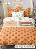 Children's single bed comforter with orange polka dot pattern and cartoon designs 