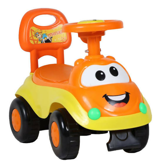 Orange and yellow toy car with a smiley face on a white background