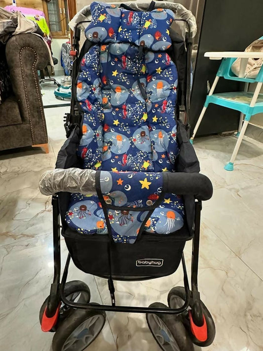 Discover the BABYHUG Cosy Cosmo Reversible Handle and Back Pocket Stroller/Pram in Navy Blue, offering versatility, comfort, and safety for your baby with a reversible handle, spacious back pocket, and smooth ride suspension system.