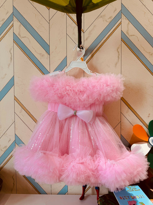 Girls Balloon Frill Party Dress - Baby Pink Frock ( 9-12 m)