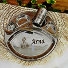 Kids personalized thali set in stainless steel with divided plate, matching engraved utensils and glass, ideal for gifting.