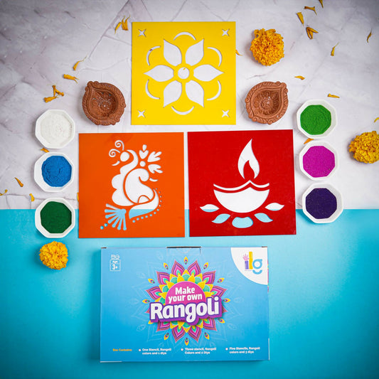 Elevate your festive celebrations with our DIY Rangoli Kit, a delightful set designed to add a touch of artistry and tradition to your home. This kit includes everything you need to create a beautiful rangoli, including a traditional stencil, six vibrant rangoli colors, and a charming diya.