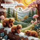 Three bears on a log in a snowy forest with mushrooms and trees bedsheet