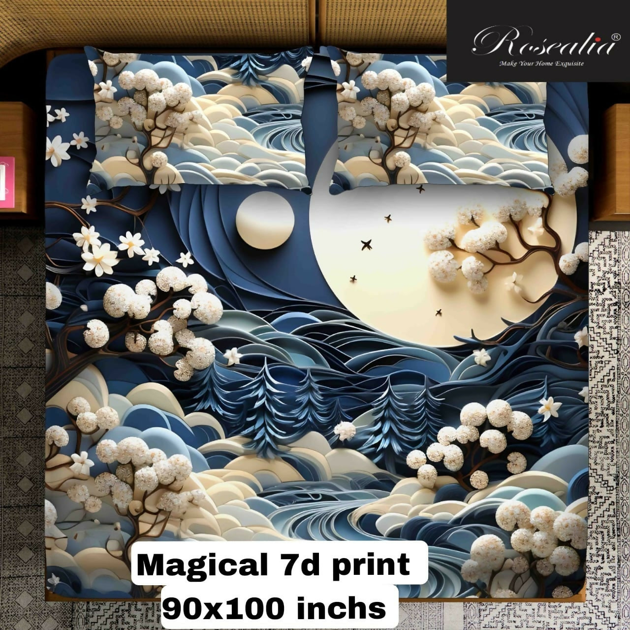 Decorative print with moon, trees, and flowers on a blue background, featuring the brand 'Roseval'.