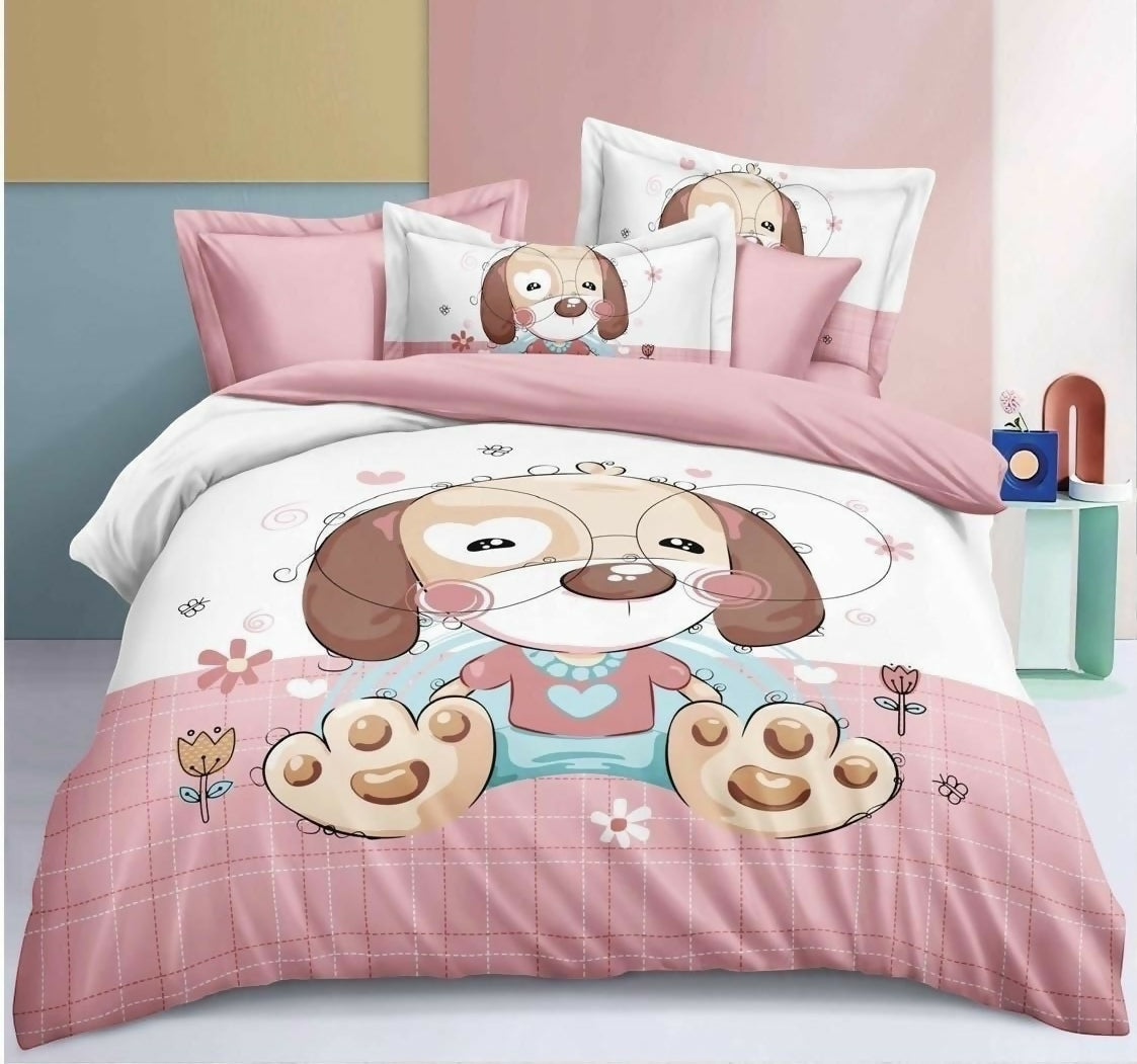 Children's bedroom with pink and white bedding featuring cartoon dog design.