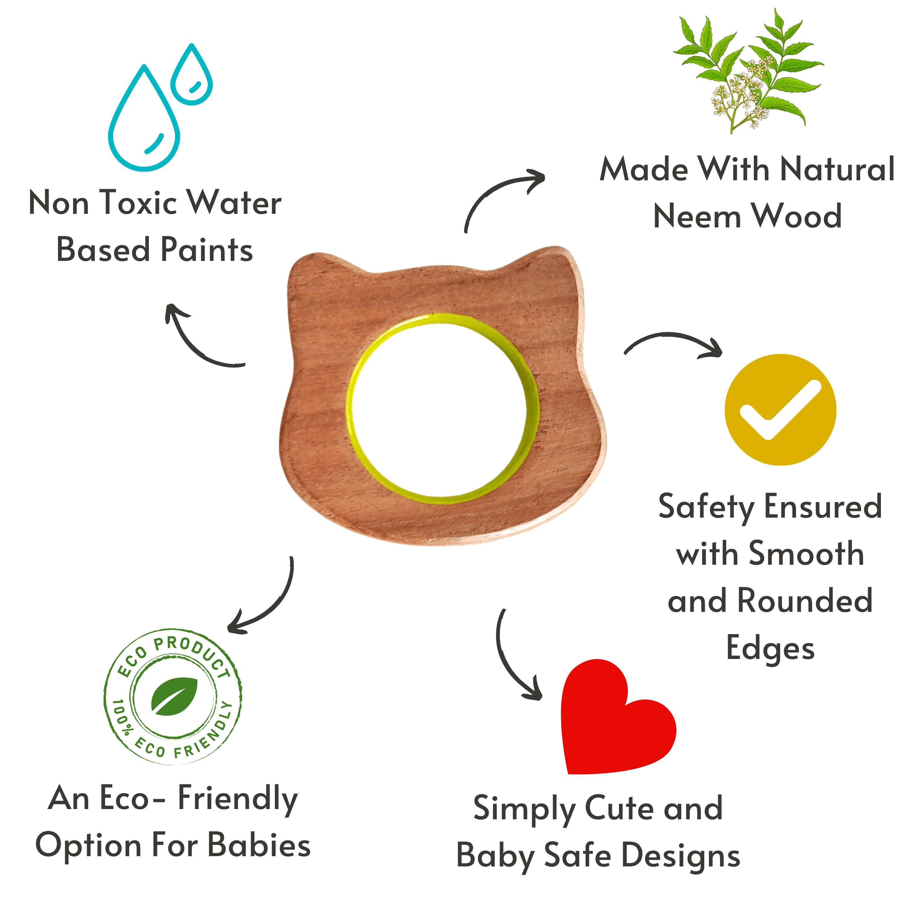 BABYCOV Cute Mouse and Cat Natural Neem Wood Teethers for Babies | Natural and Safe | Goodness of Organic Neem Wood | Both Chewing and Grasping Toy | Set of 2 (Age 4+ Months) - PyaraBaby