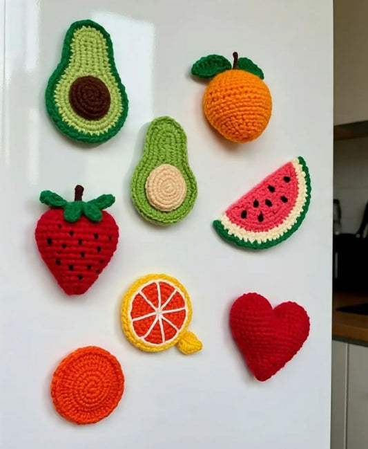 Crochet fridge magnets – colorful, handcrafted charm to brighten your kitchen space.


