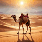 Camel walking in a desert with a warm sunset bedsheet.