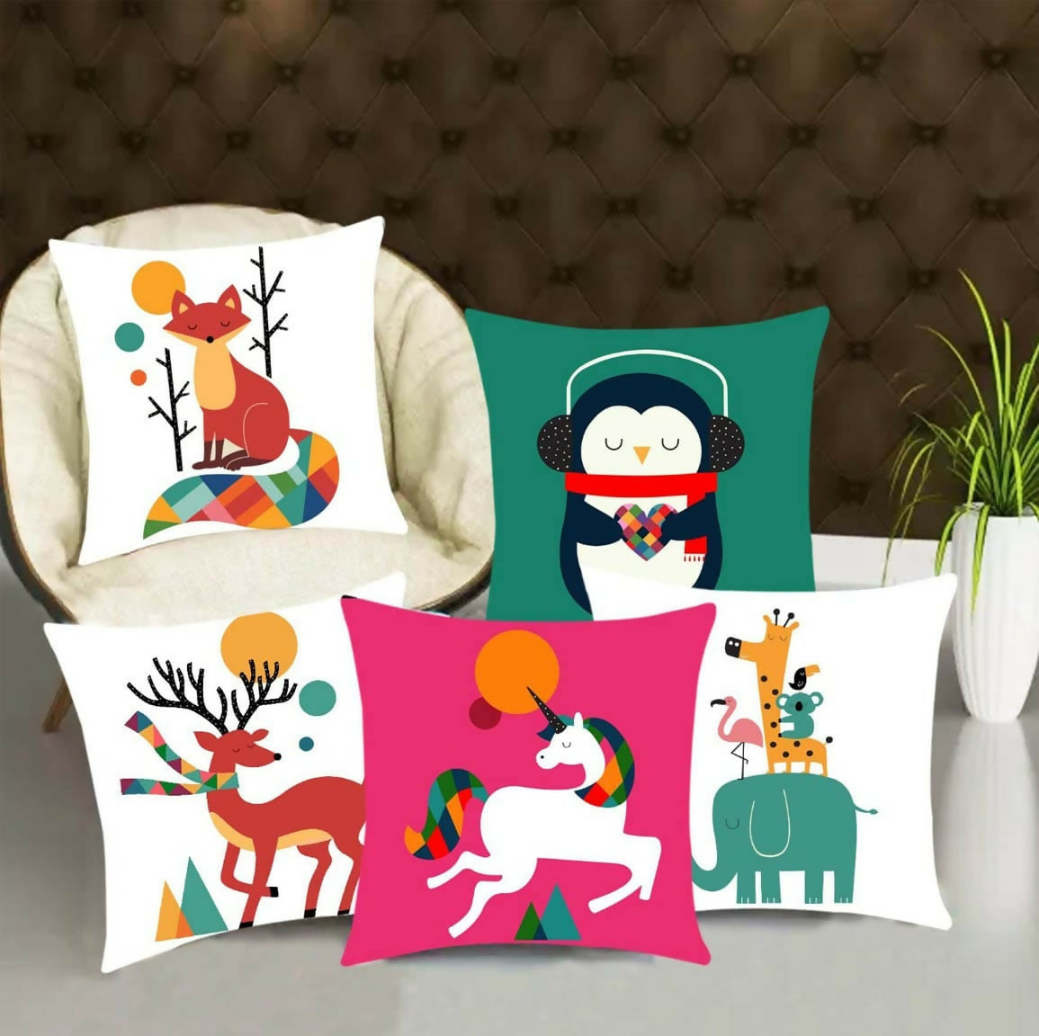 Set of colorful animal-themed pillows 