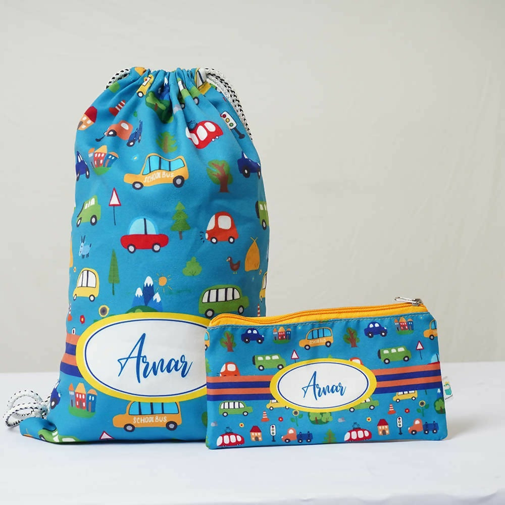 Drawstring bag and pouch with vehicle pattern and 'Arnar' branding on a light gray background