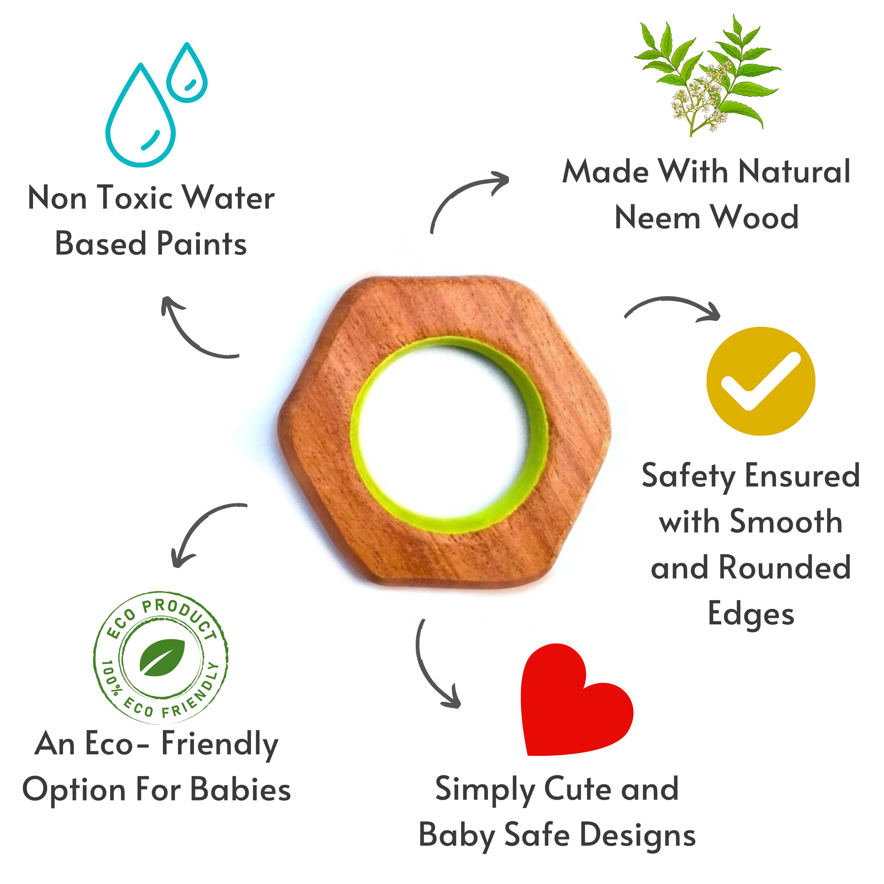 Explore shapes and soothe gums with Babycov's Cute Hexagon and Square Neem Wood Teethers - natural comfort for safe and playful chewing!