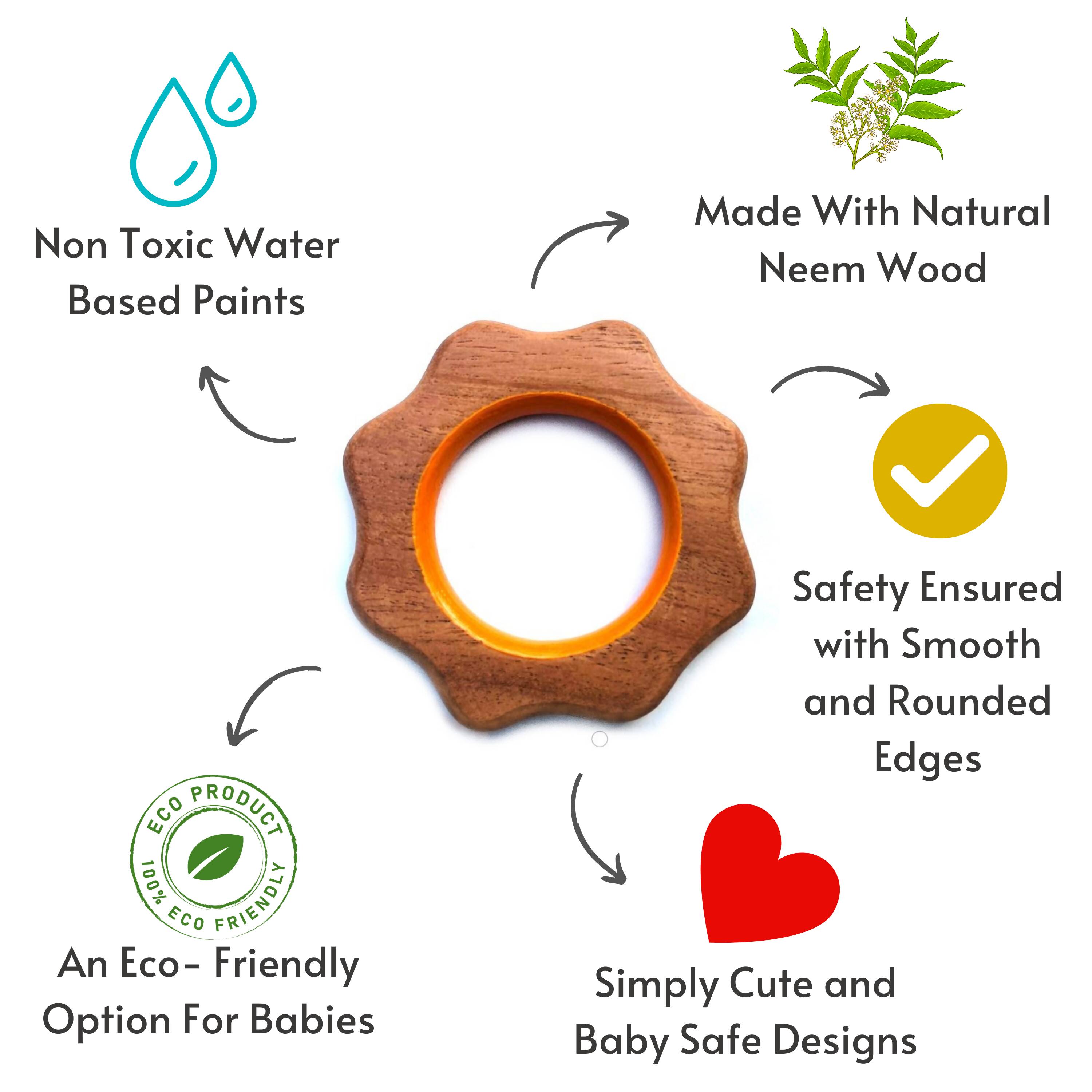 Bring sunshine and comfort to your baby's teething with Babycov's Cute Cloud and Sun Neem Wood Teethers - organic goodness for safe and playful chewing!