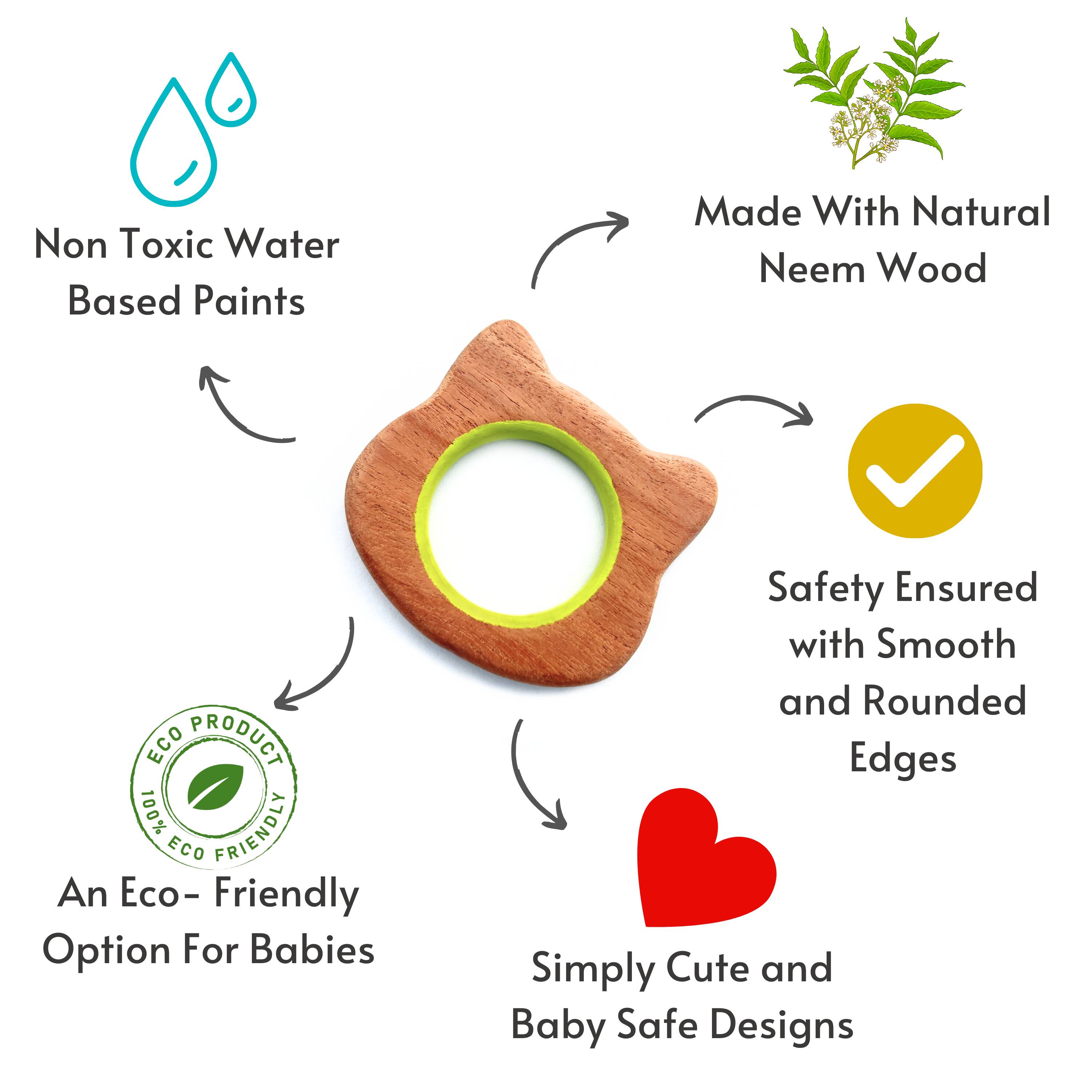 Soothe your baby's teething naturally with Babycov's Cute Mouse and Cat Neem Wood Teethers - organic goodness for safe and playful chewing!