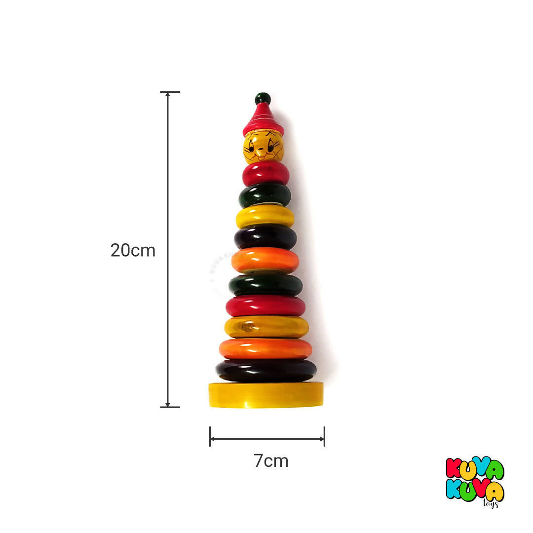 Wooden Stacking Rings With Joker Head - 10 Rings - Develop Hand-Eye Coordination & Fine Motor Skills - PyaraBaby