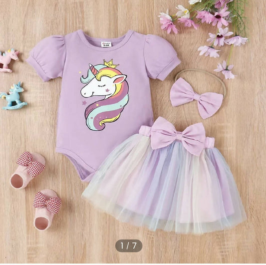 3pcs Baby Girl Unicorn Print Puff-sleeve Romper and Mesh Skirt & Headband Set - PyaraBaby