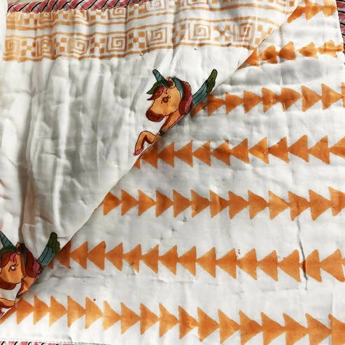 Horse Double Sided Block Printed Cotton Baby Quilt Single 40x60 Inches - PyaraBaby