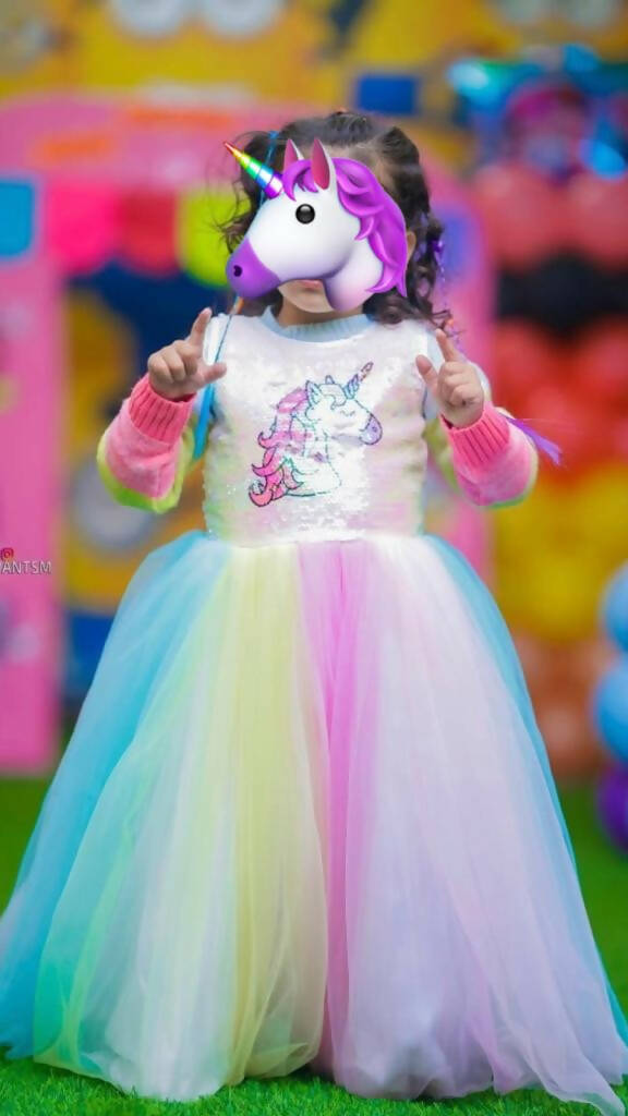 Baby Girl’s Unicorn Themed Frock with Unicorn Hair Band Full Length Gown - PyaraBaby