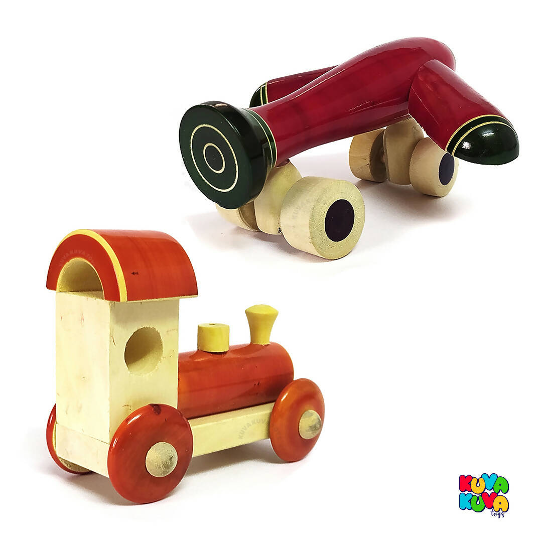 Wooden Train Engine and Aeroplane Push/Pull Toy Combo for 12+ Months Kids, Preschool Toys - Multicolor - PyaraBaby