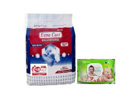 EXTRA CARE Baby Pant Diaper XXXL size (50 piece) + Baby Wipes (80 piece)(Combo of 2) - PyaraBaby