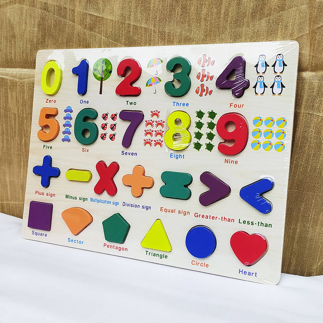 Wooden Number Math Symbols and Shapes Illustrative Puzzle,  Educational Learning Board - PyaraBaby