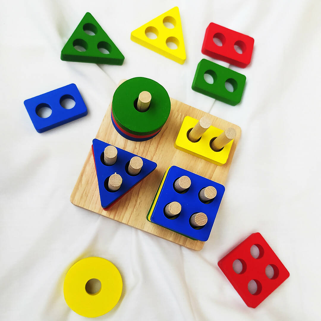 Wooden Shape Sorting & Stacking Toy, Geometric Blocks Shape Sorter - PyaraBaby