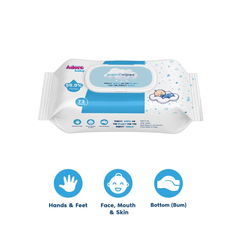 Paani Wipes – 99.9% Pure Water Wipes – FDA Approved- Dermatologically Tested – Goodness of Aloevera- Unscented- 72wipes – Pack of 1 - PyaraBaby