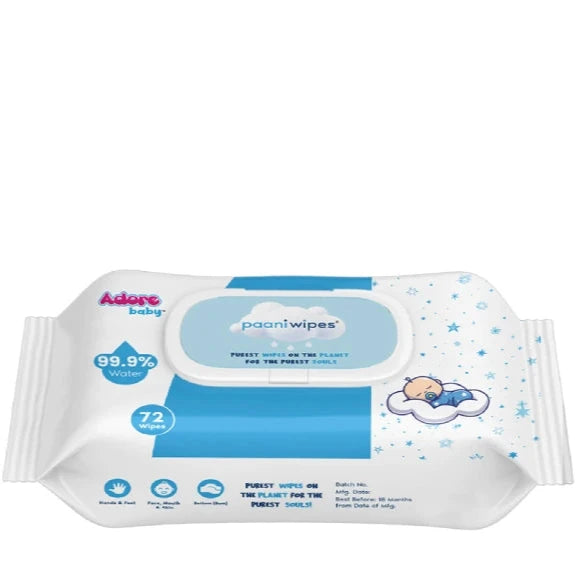 Paani Wipes – 99.9% Pure Water Wipes – FDA Approved- Dermatologically Tested – Goodness of Aloevera- Unscented- 72wipes – Pack of 1 - PyaraBaby