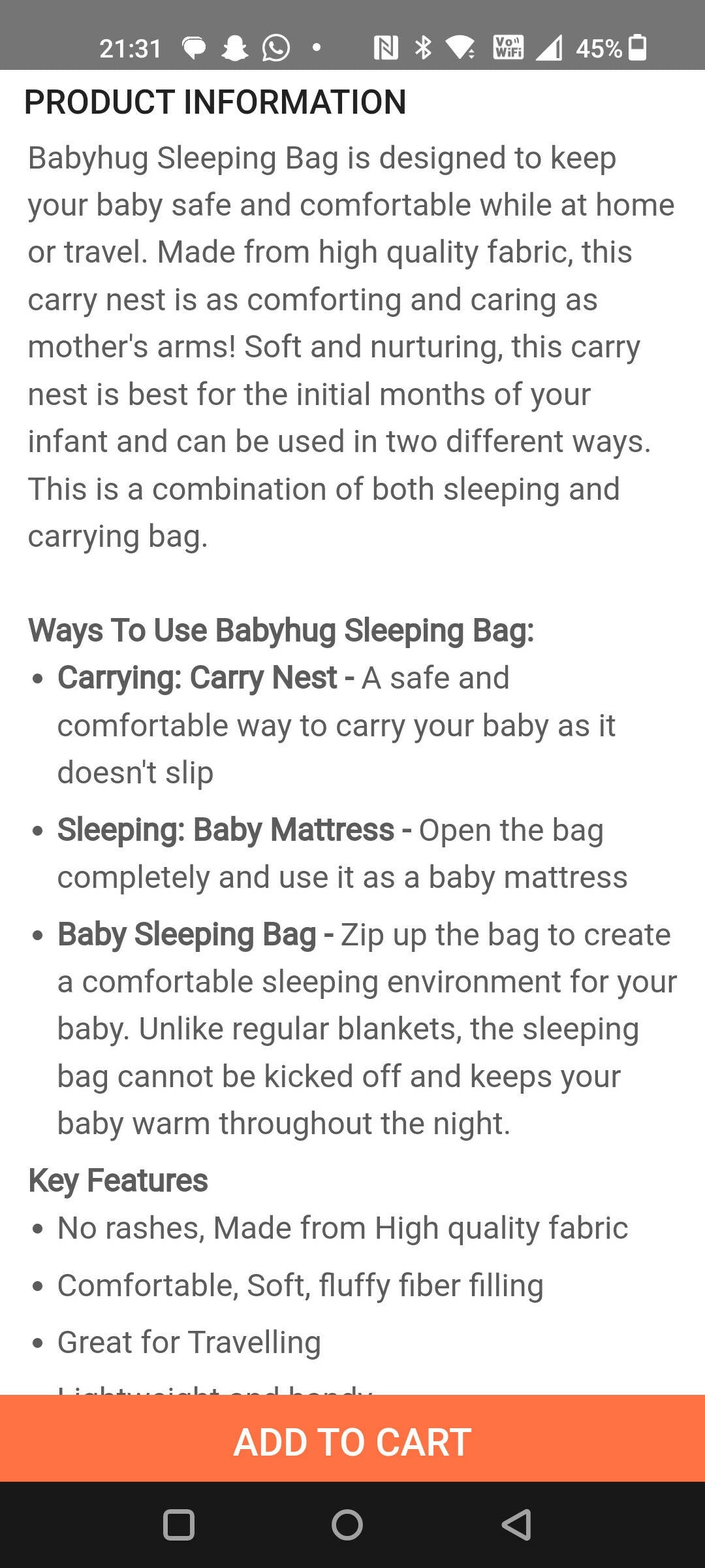 BABYHUG Sleeping Bag/Nest bag - PyaraBaby