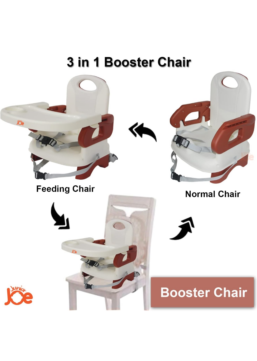 JUNIOR JOE 2 in 1 Baby Booster Seat With Removable Dining Tray and Safety Belt (BROWN) - PyaraBaby