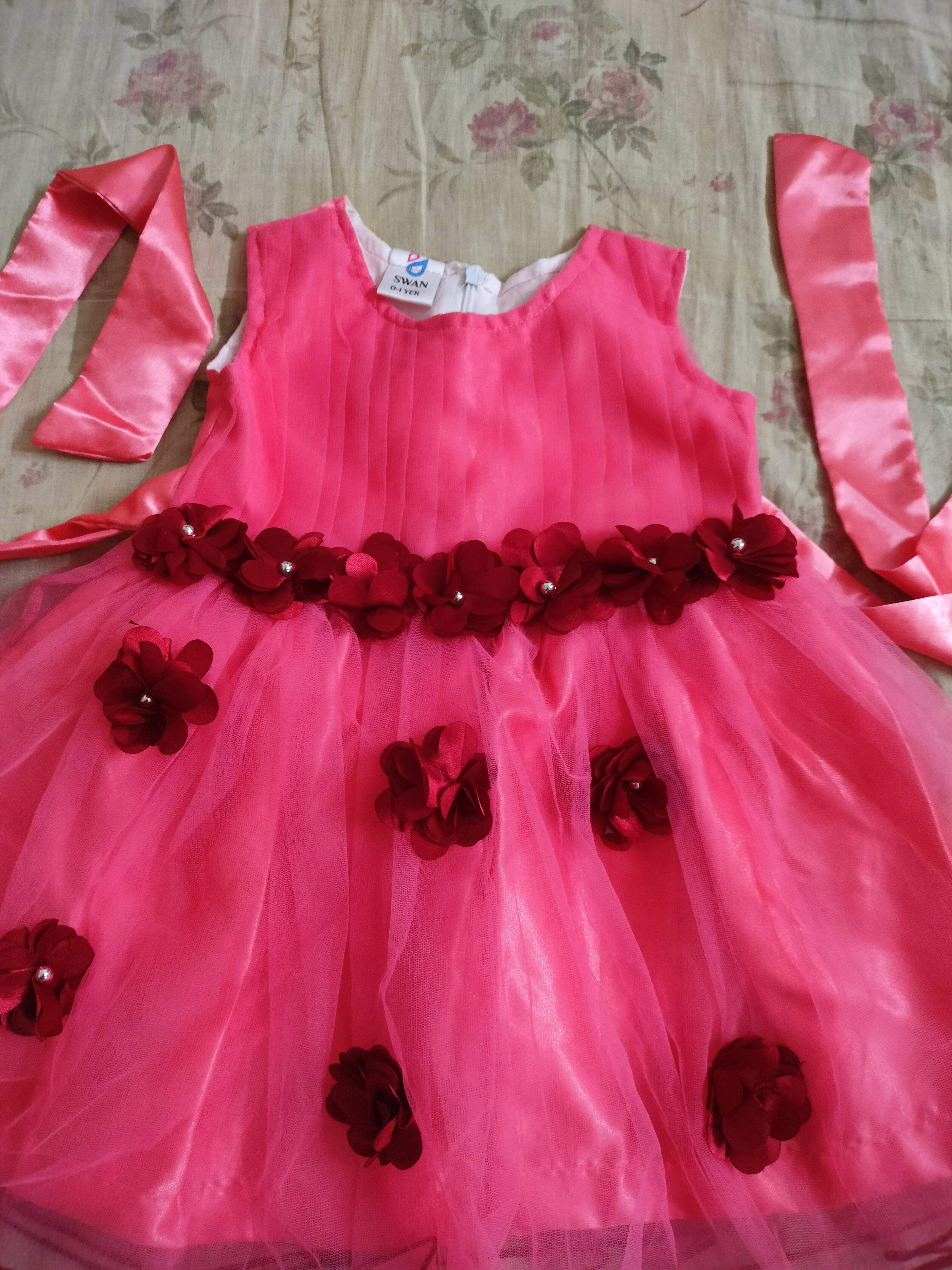 Rose pink colored party frock, 9-12 months - PyaraBaby