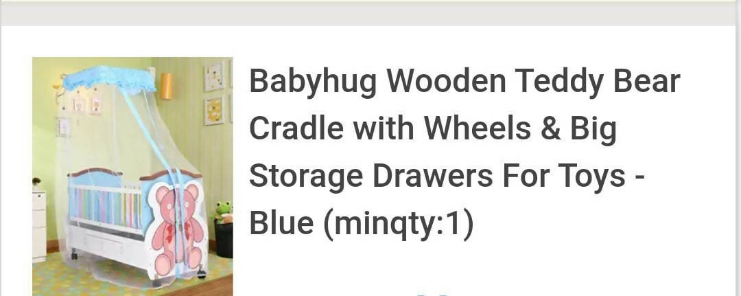 BABYHUG Wooden Teddy Bear Cradle with Wheel and Big Storage Drawers for Toys - Blue, Dimensions: L104.5 x B 54 x H 147.5 cm - PyaraBaby