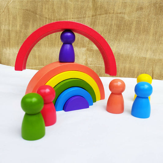 Colorful Wooden Stacker with 6 wooden Peg Dolls - Medium (Pack of 1) - PyaraBaby